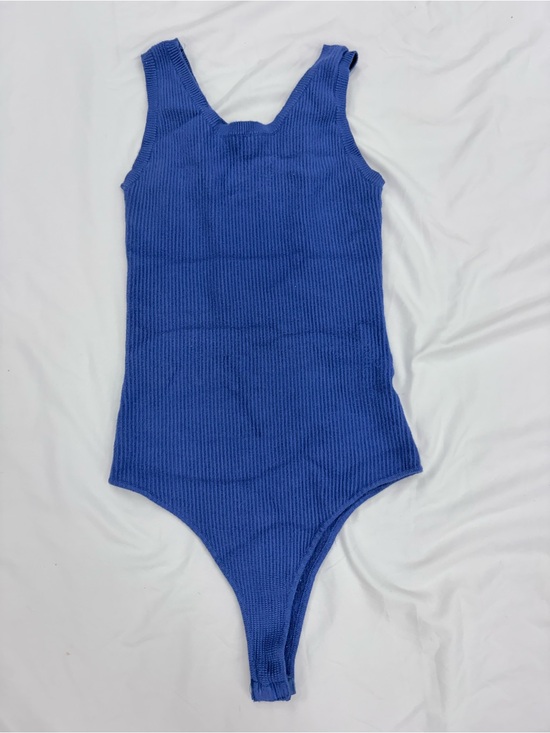 She + Sky Tops - She + Sky Blue Ribbed Sleeveless Bodysuit